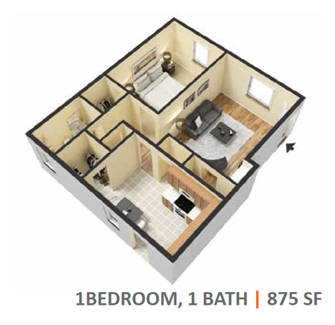 Floor plan for 1 bed, 1 bath, 875 sqft